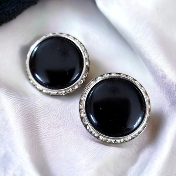 Vintage Signed Lisner Black Lucite Rhinestone Silver Tone Clip Earrings - Picture 3 of 12
